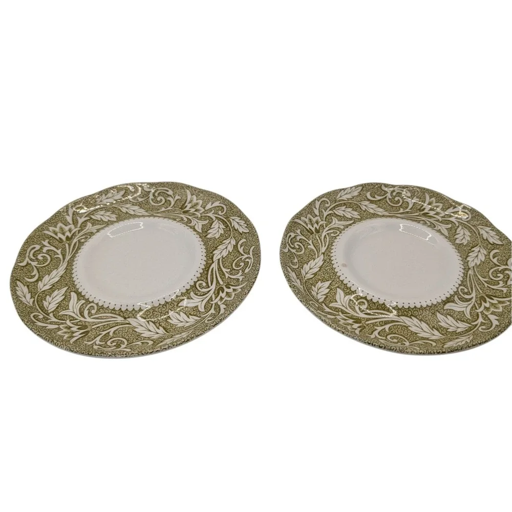 J G Meakin Teacups Saucers Renaissance‎ Green English Ironstone Set of Two SEE